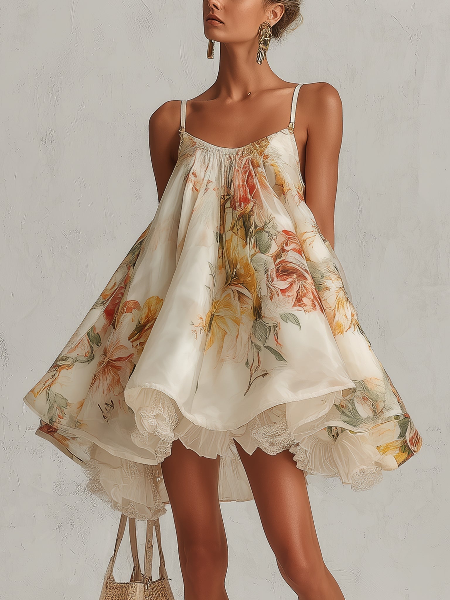 MINIVESTIDO BEIGE DE ORGANZA FLORAL CON CORTE EN A Y RIBETE DE ENCAJE.