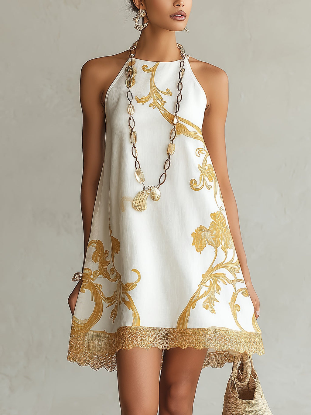 MINIVESTIDO DE ENCAJE ESTAMPADO EN ORO BLANCO
