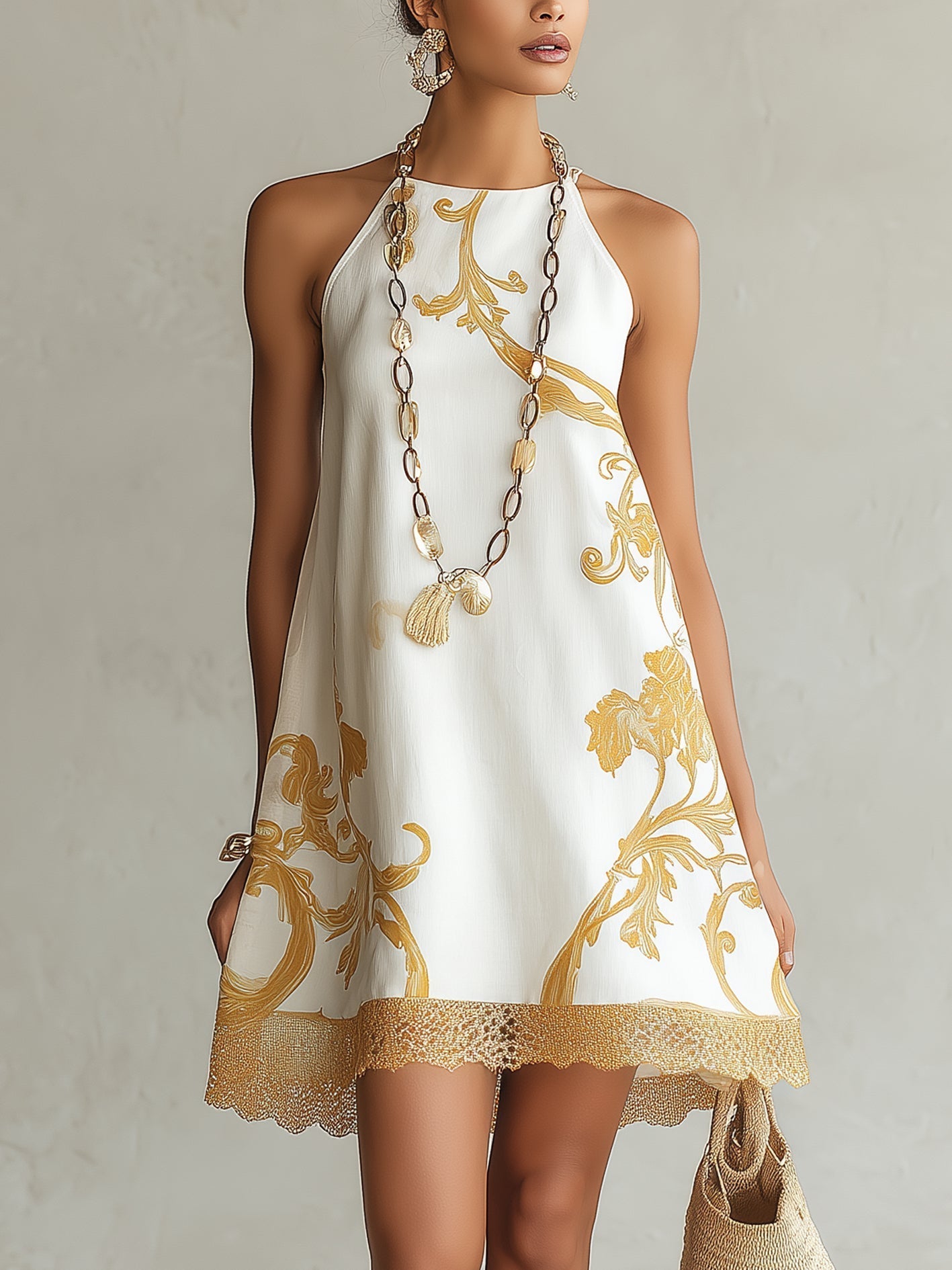MINIVESTIDO DE ENCAJE ESTAMPADO EN ORO BLANCO