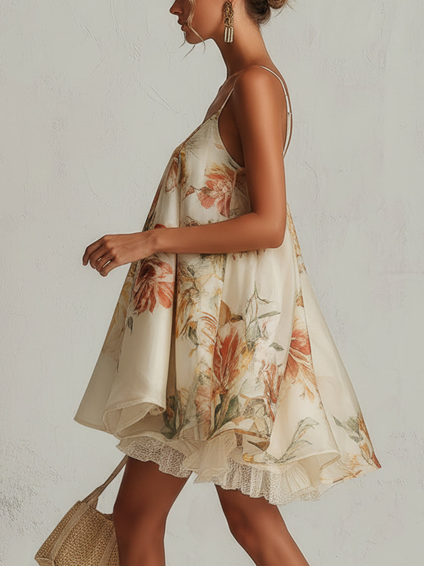MINIVESTIDO BEIGE DE ORGANZA FLORAL CON CORTE EN A Y RIBETE DE ENCAJE.