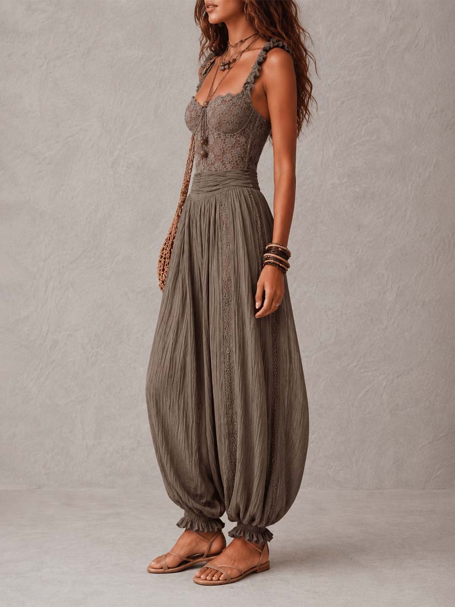 Nieves • Conjunto de diadema de encaje gris y pantalones harem de algodón plisados