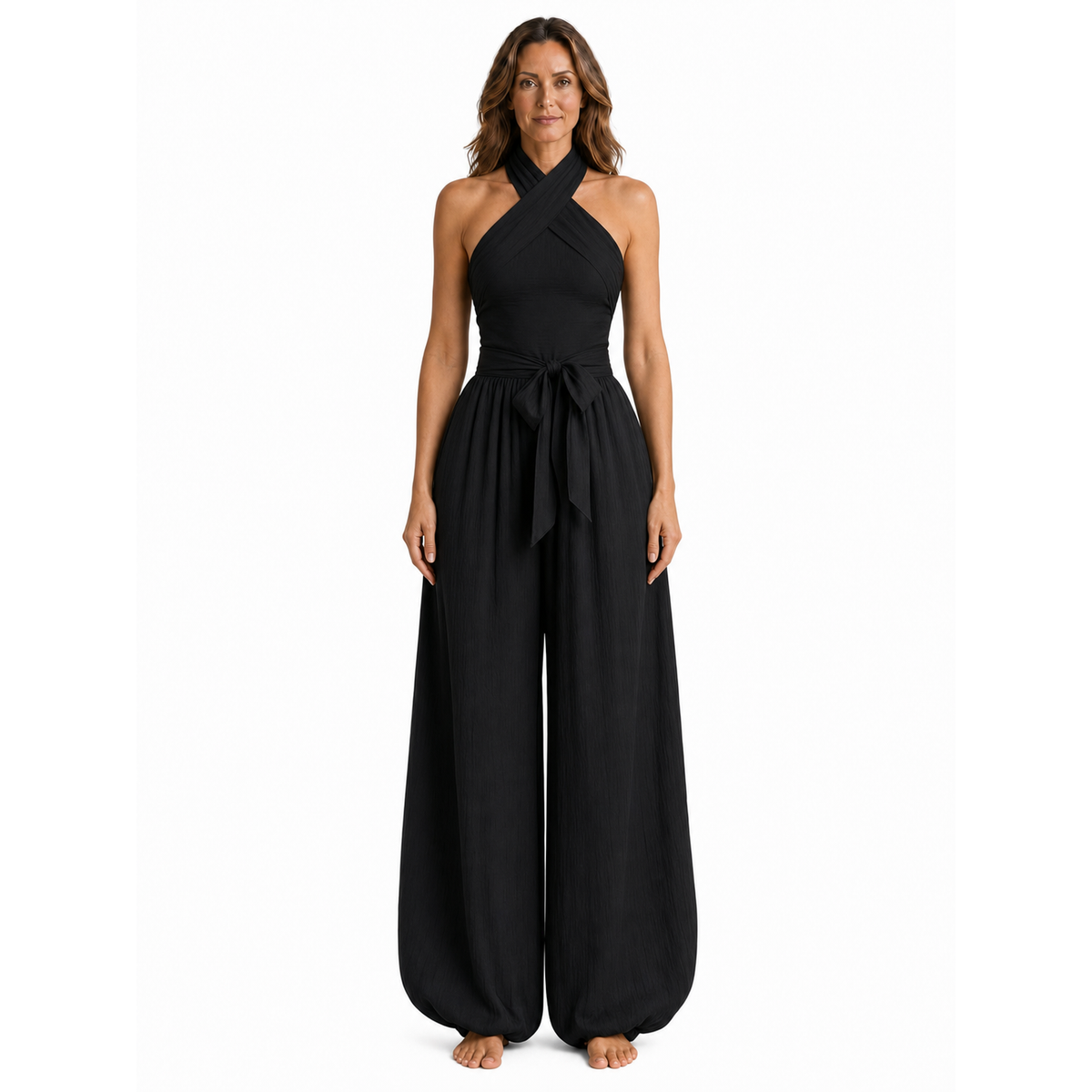Mono Zahara con escote halter cruzado y pantalón harem