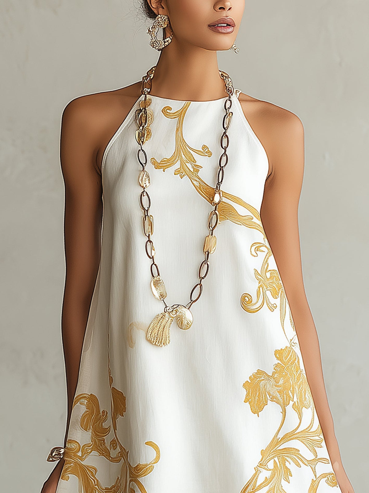 MINIVESTIDO DE ENCAJE ESTAMPADO EN ORO BLANCO