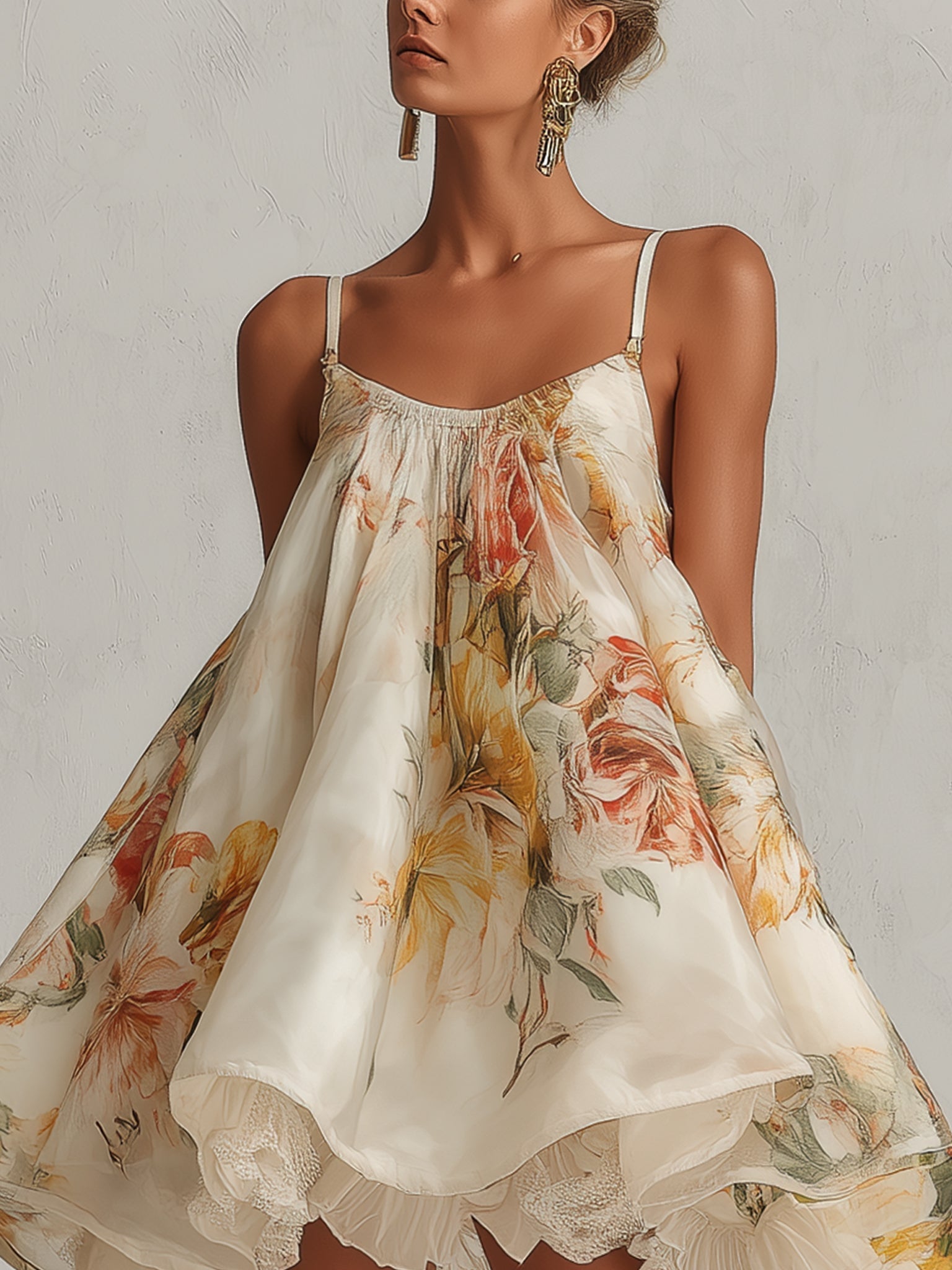 MINIVESTIDO BEIGE DE ORGANZA FLORAL CON CORTE EN A Y RIBETE DE ENCAJE.