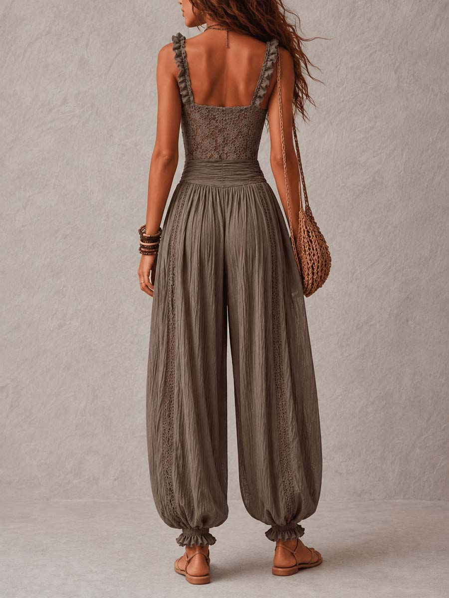 Nieves • Conjunto de diadema de encaje gris y pantalones harem de algodón plisados