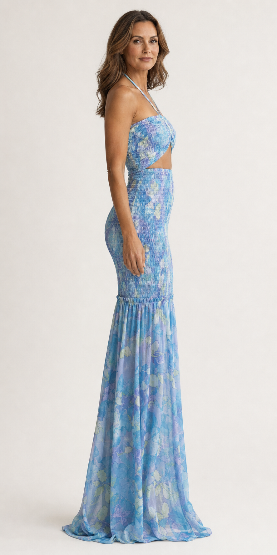 Conjunto sirena de dos piezas con top palabra de honor y falda estampada