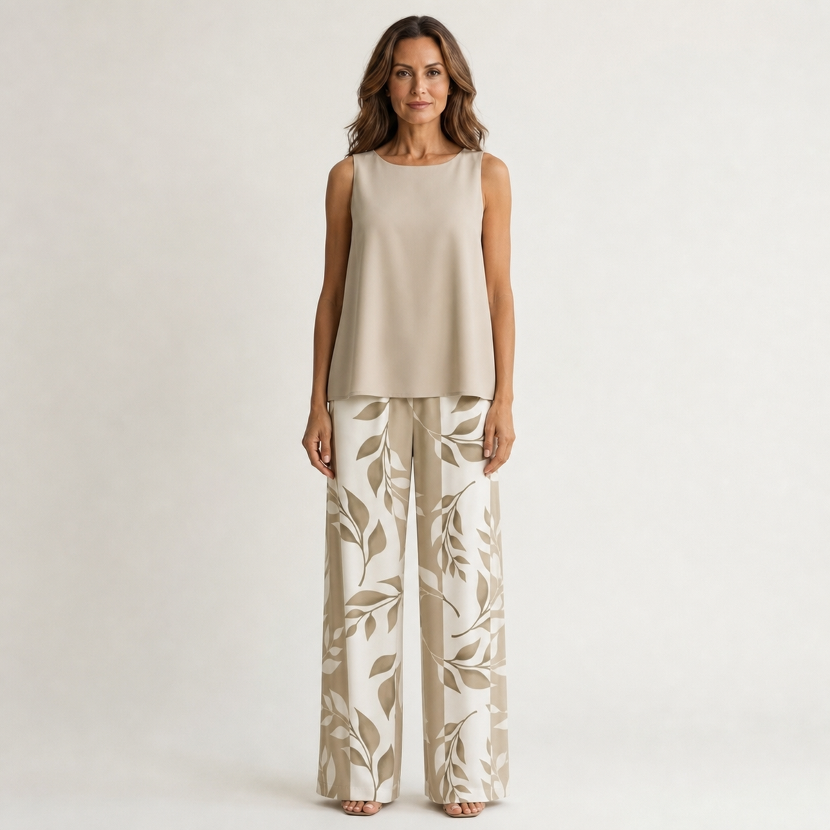 Conjunto de dos piezas con top sin mangas y pantalón de hojas