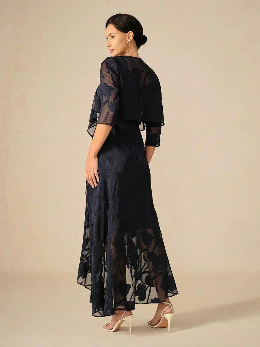 Vestido de noche de gasa floral azul marino con dobladillo asimétrico