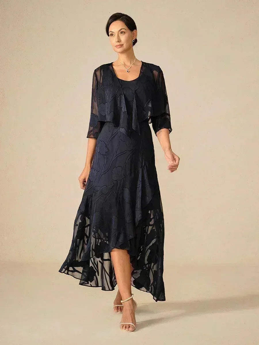 Vestido de noche de gasa floral azul marino con dobladillo asimétrico