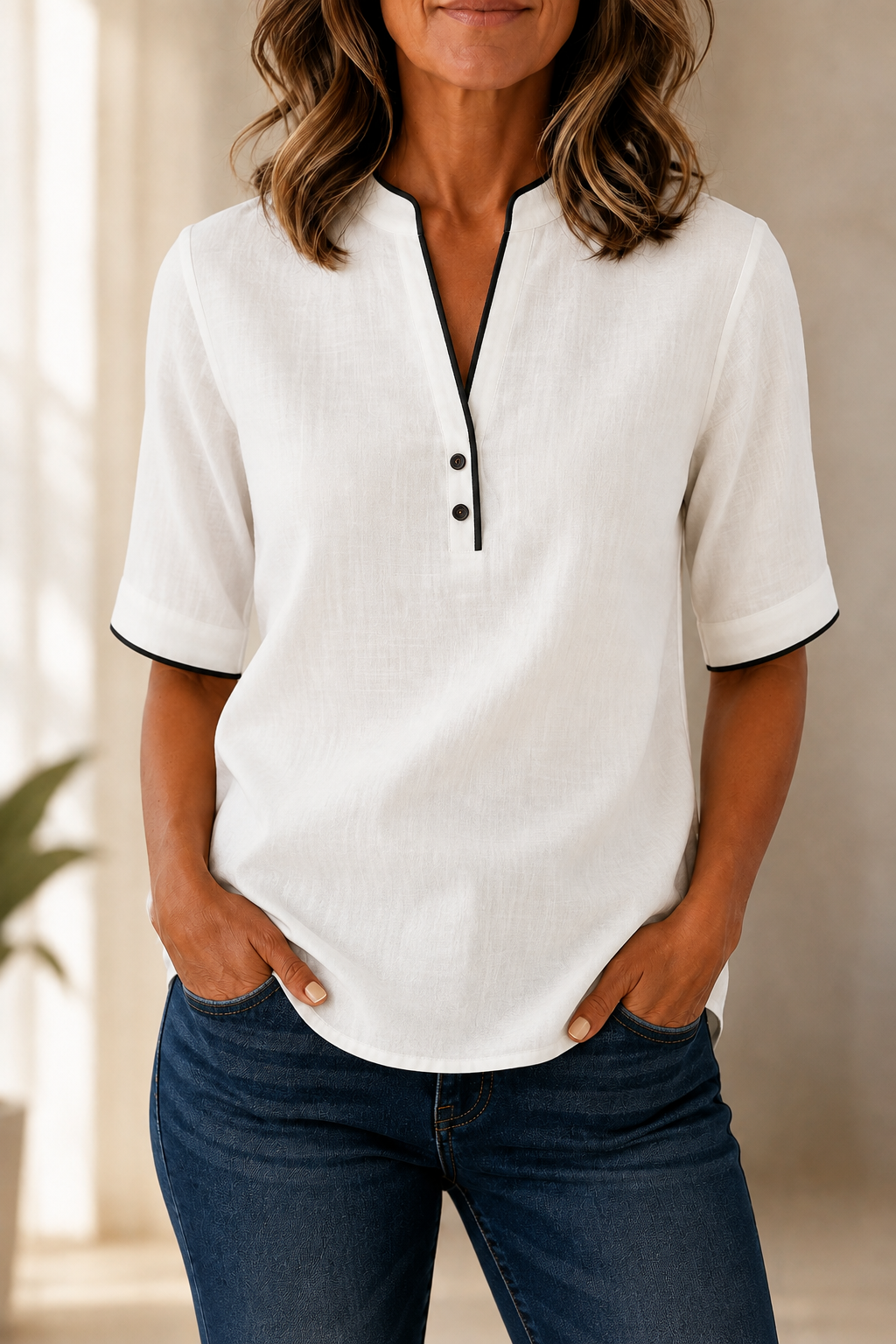 Blusa blanca de manga corta con escote en V