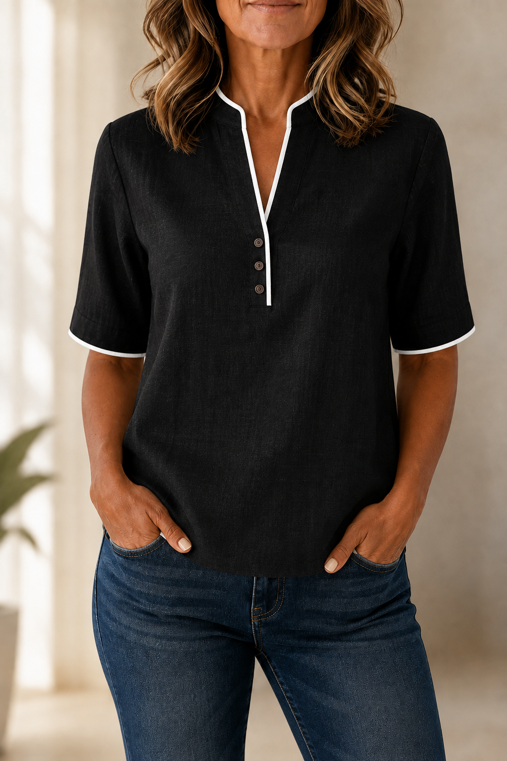 Blusa blanca de manga corta con escote en V