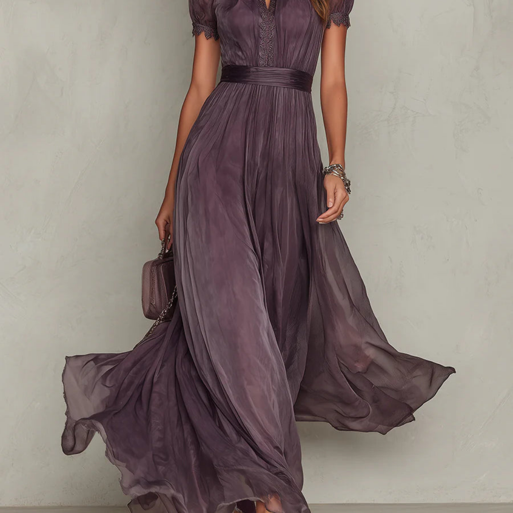 Vestido largo de gasa fluida para mujer con detalle de lazo en el cuello.