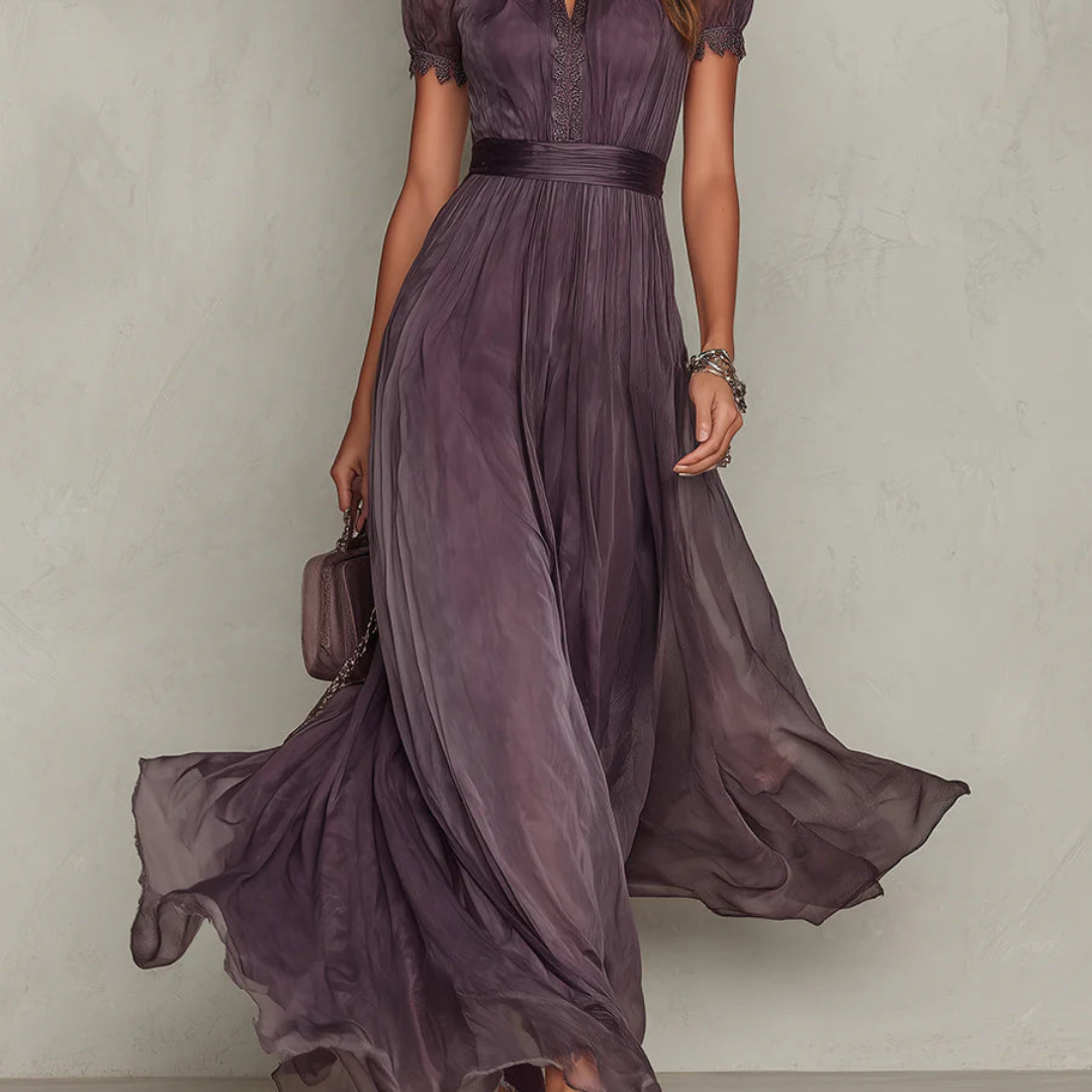Vestido largo de gasa fluida para mujer con detalle de lazo en el cuello.