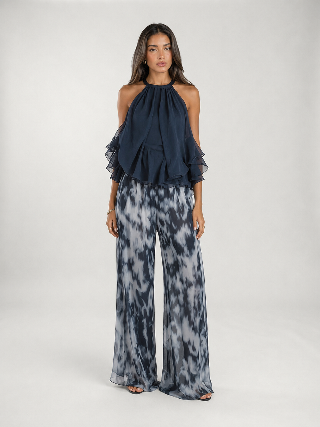 Conjunto Laura de dos piezas con top fluido y pantalón estampado