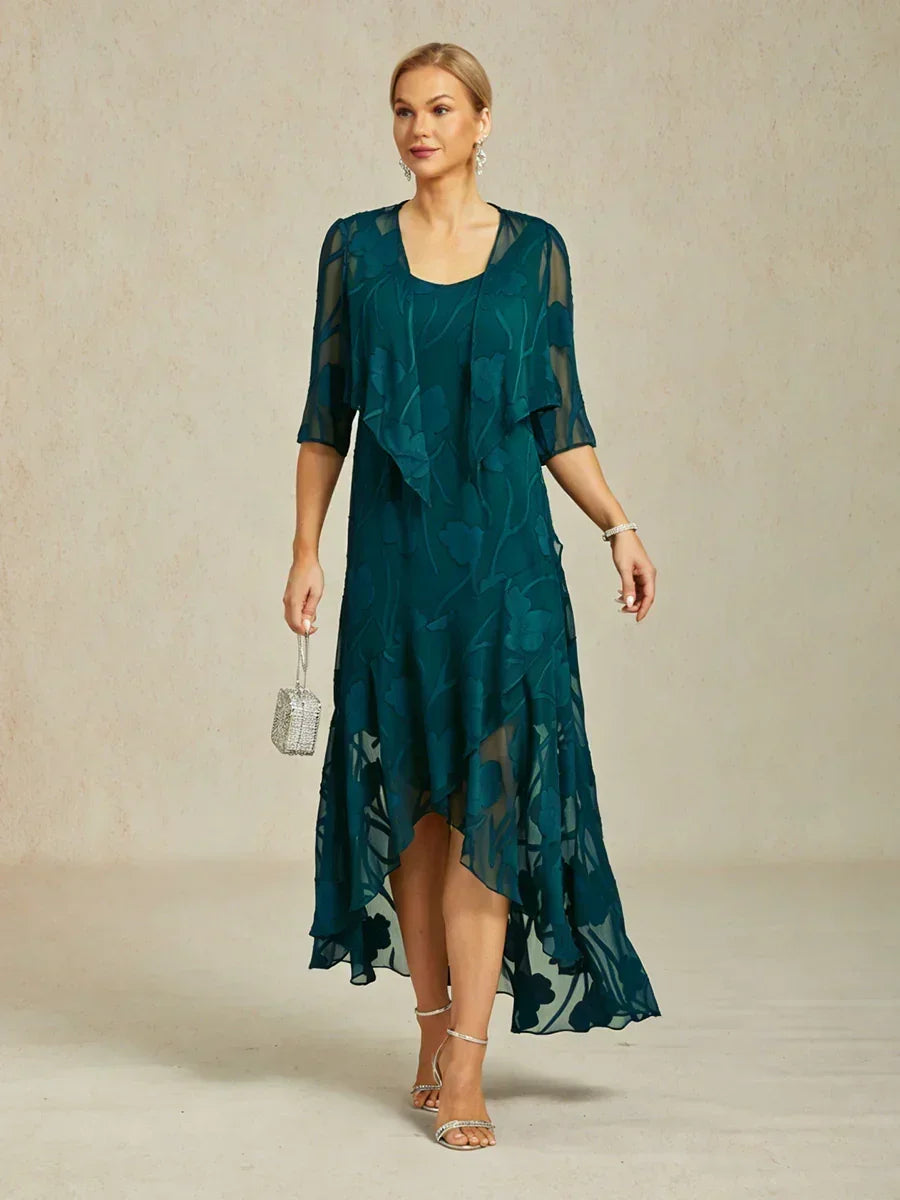 Vestido de noche de gasa floral azul marino con dobladillo asimétrico