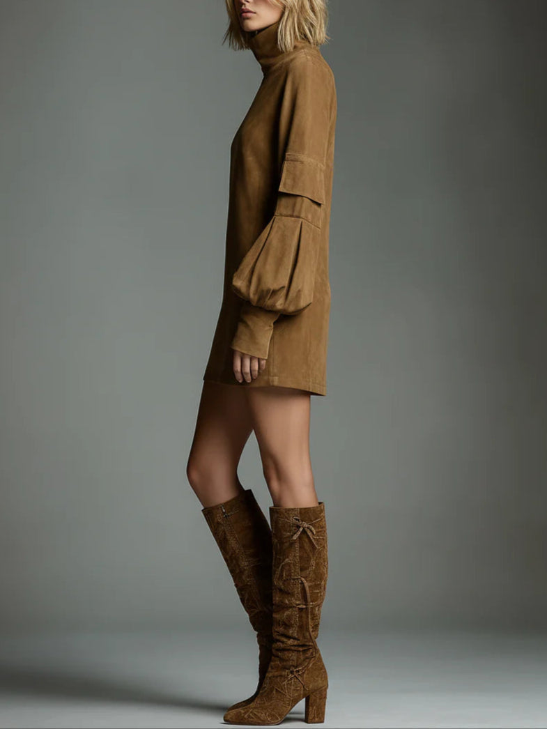 Romy | Vestido mini de ante vintage con cuello alto
