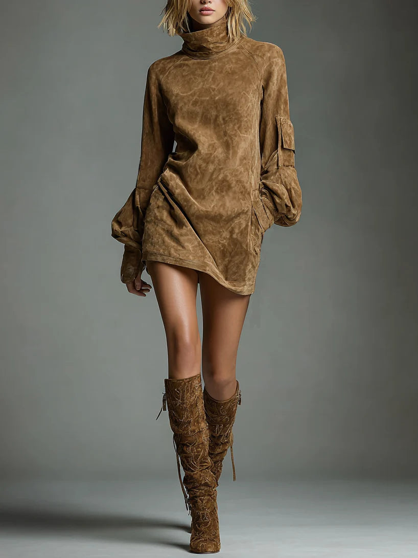 Romy | Vestido mini de ante vintage con cuello alto