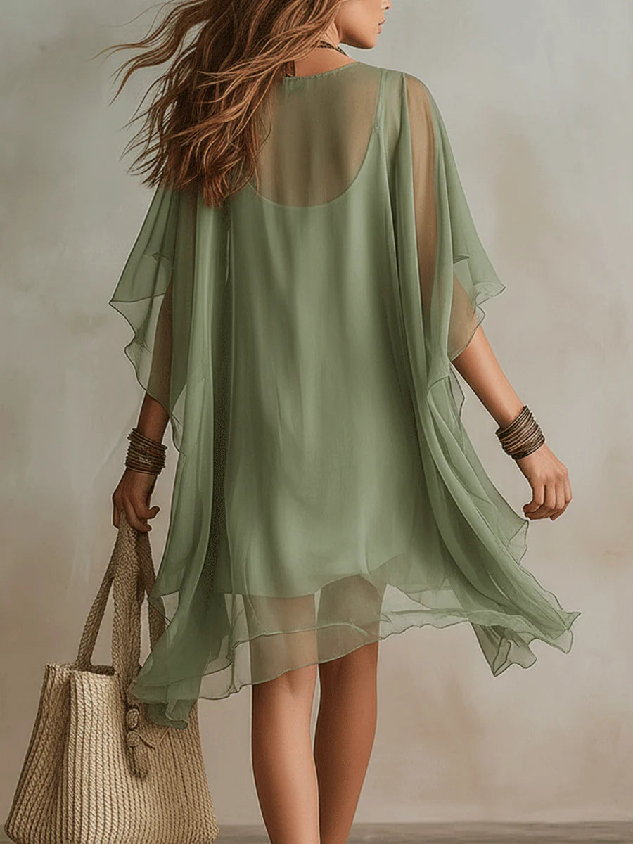 MINIVESTIDO FLUIDO DE GASA VERDE CON ESCOTE EN V