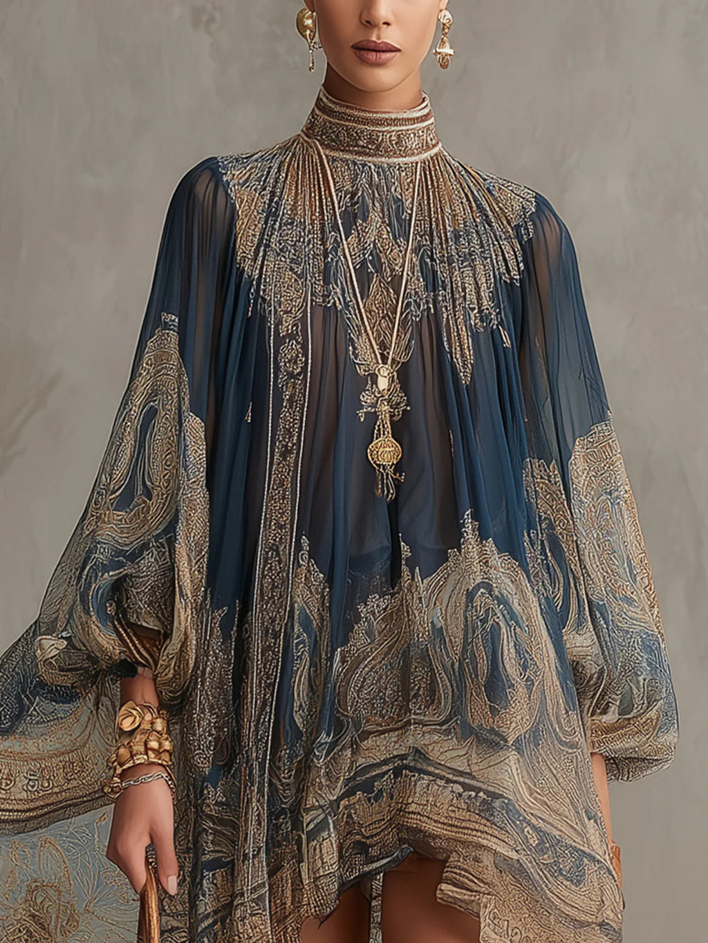 MINIVESTIDO DE GASA AZUL MARINO CON ESTAMPADO BARROCO Y CUELLO ALTO IRREGULAR