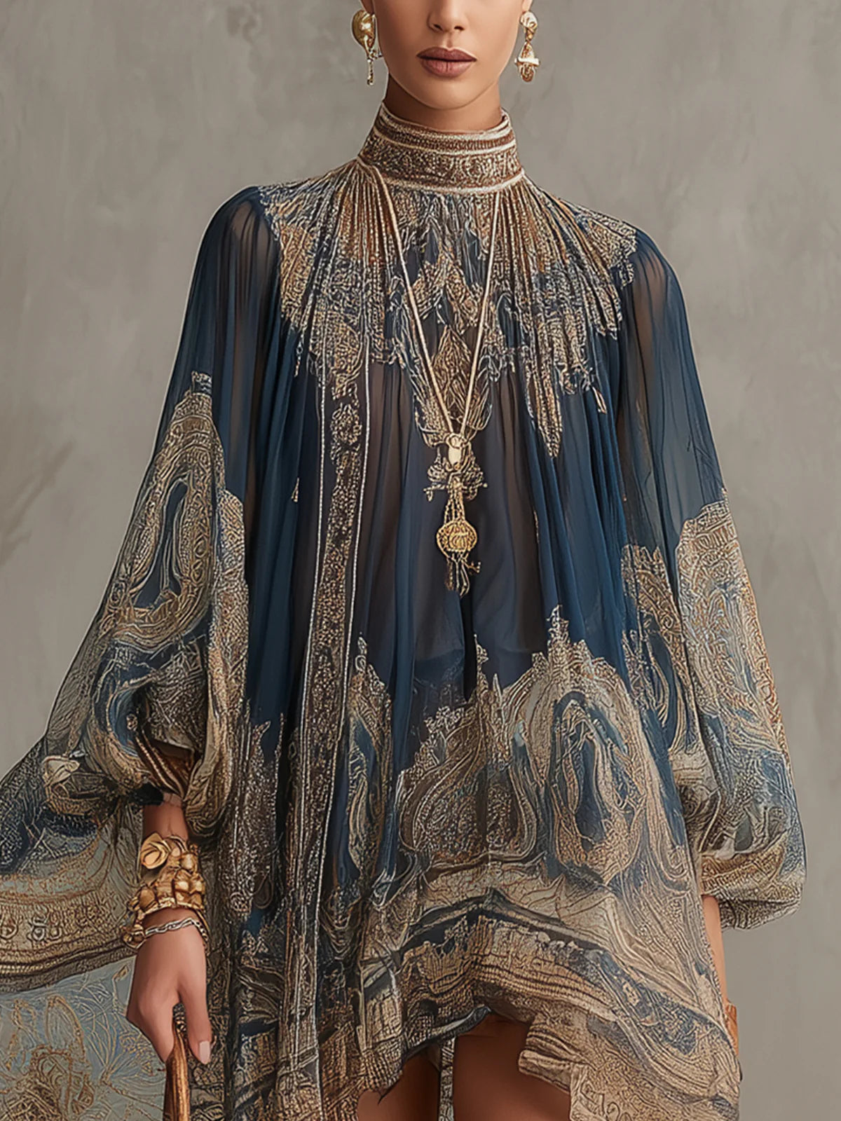 MINIVESTIDO DE GASA AZUL MARINO CON ESTAMPADO BARROCO Y CUELLO ALTO IRREGULAR