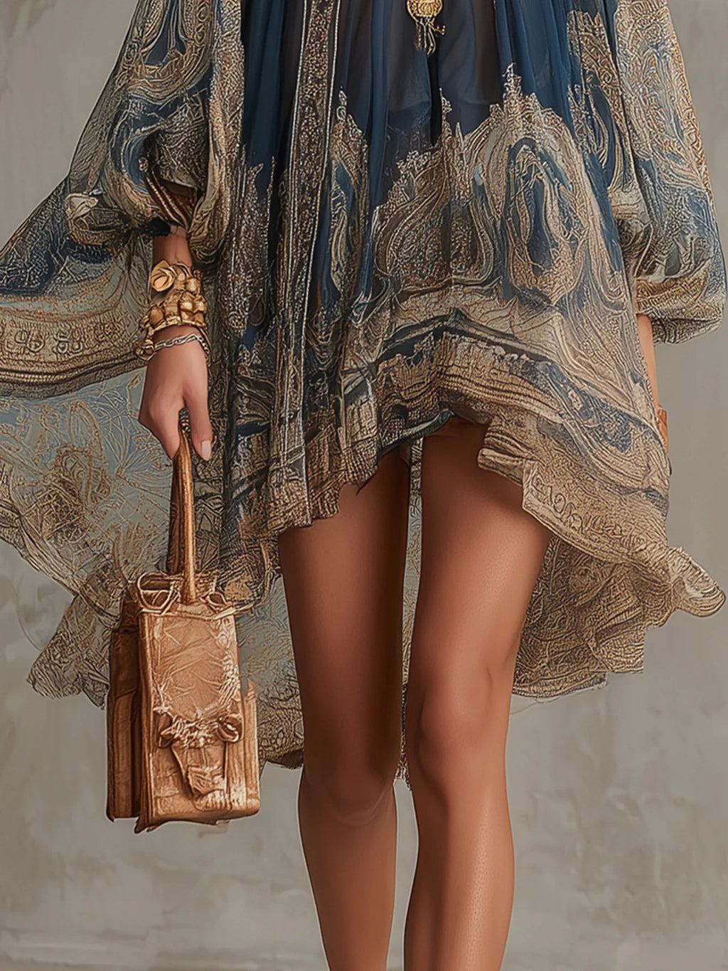MINIVESTIDO DE GASA AZUL MARINO CON ESTAMPADO BARROCO Y CUELLO ALTO IRREGULAR