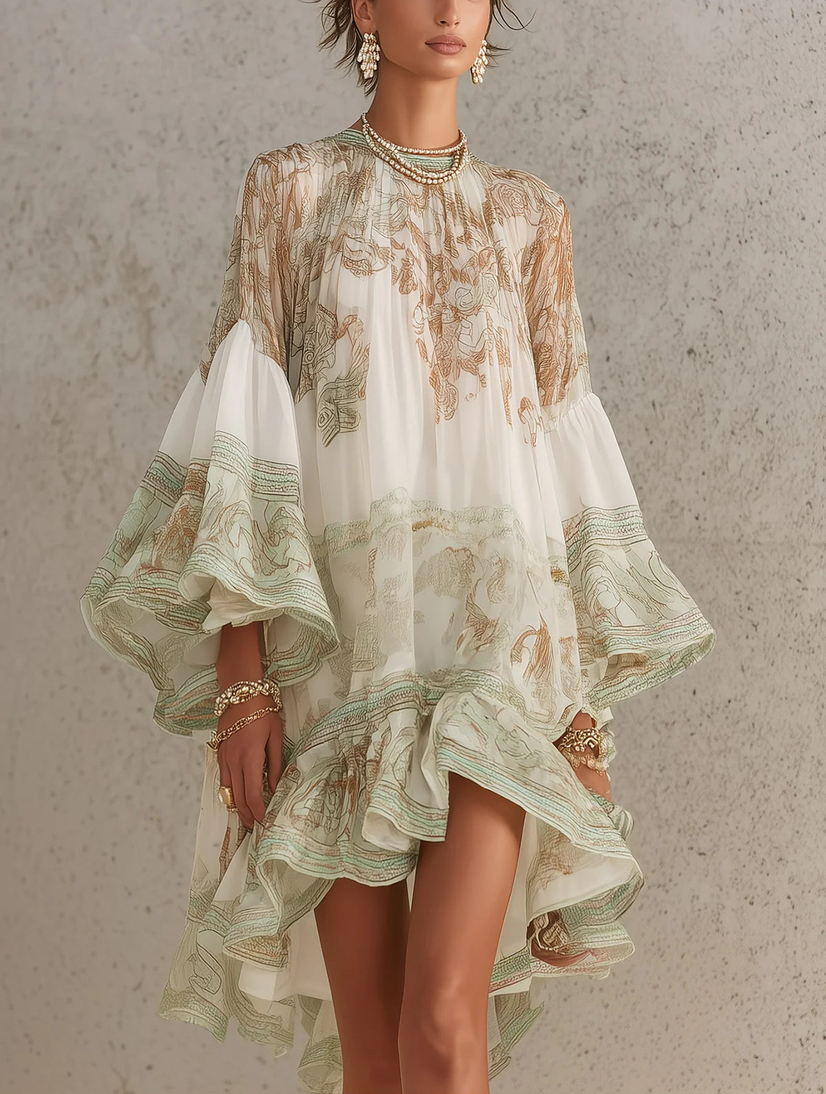 MINIVESTIDO VERDE DE GASA CON MANGAS Y BAJO CON VOLANTES.
