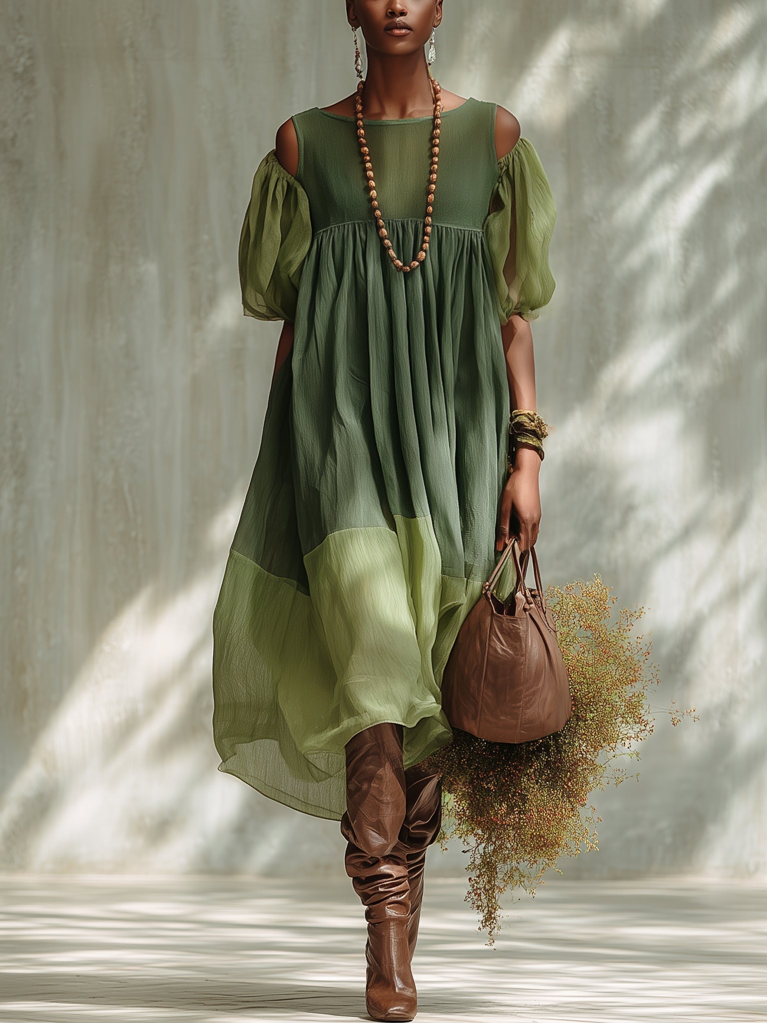 VESTIDO MIDI VERDE DE GASA CON HOMBROS DESCUBIERTOS Y MANGAS CORTAS.