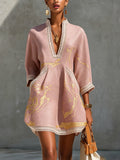 MINIVESTIDO DE ENCAJE DE GANCHILLO CON ESCOTE EN V COLOR ORO ROSA