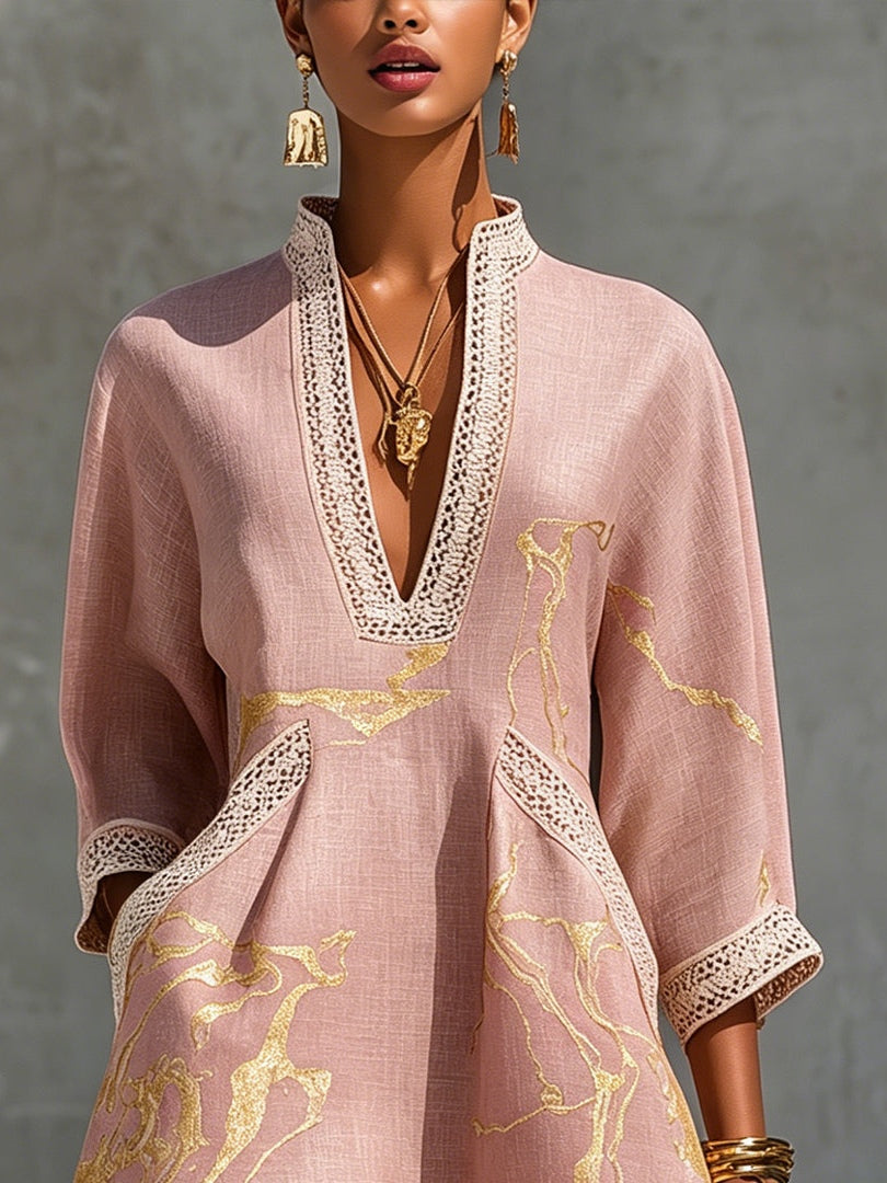 MINIVESTIDO DE ENCAJE DE GANCHILLO CON ESCOTE EN V COLOR ORO ROSA