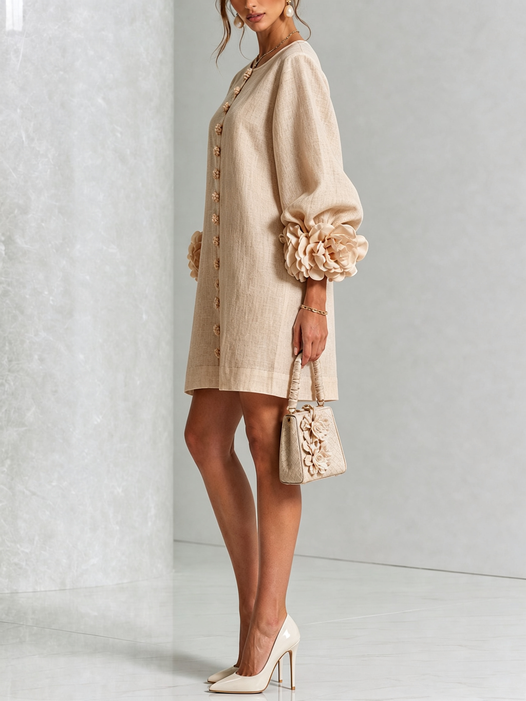 MINIVESTIDO BLANCO CON BOTONES FLORALES Y MANGAS CON ESTAMPADO FLORAL ABUNDANTE.