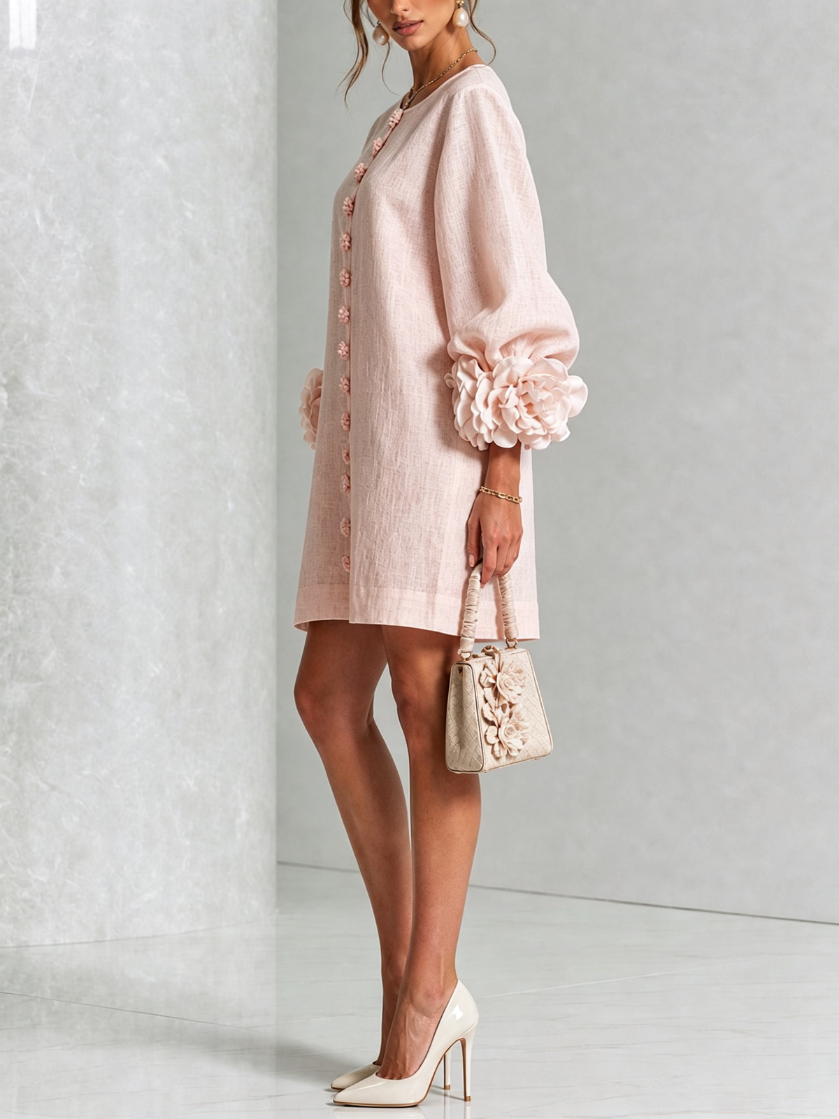 MINIVESTIDO BLANCO CON BOTONES FLORALES Y MANGAS CON ESTAMPADO FLORAL ABUNDANTE.