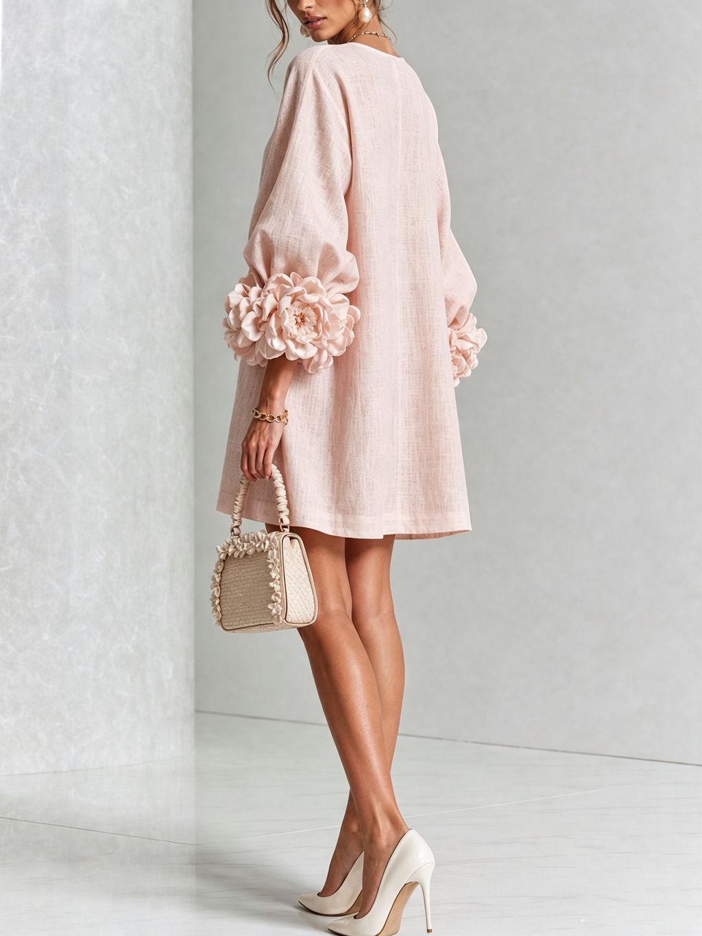 MINIVESTIDO BLANCO CON BOTONES FLORALES Y MANGAS CON ESTAMPADO FLORAL ABUNDANTE.
