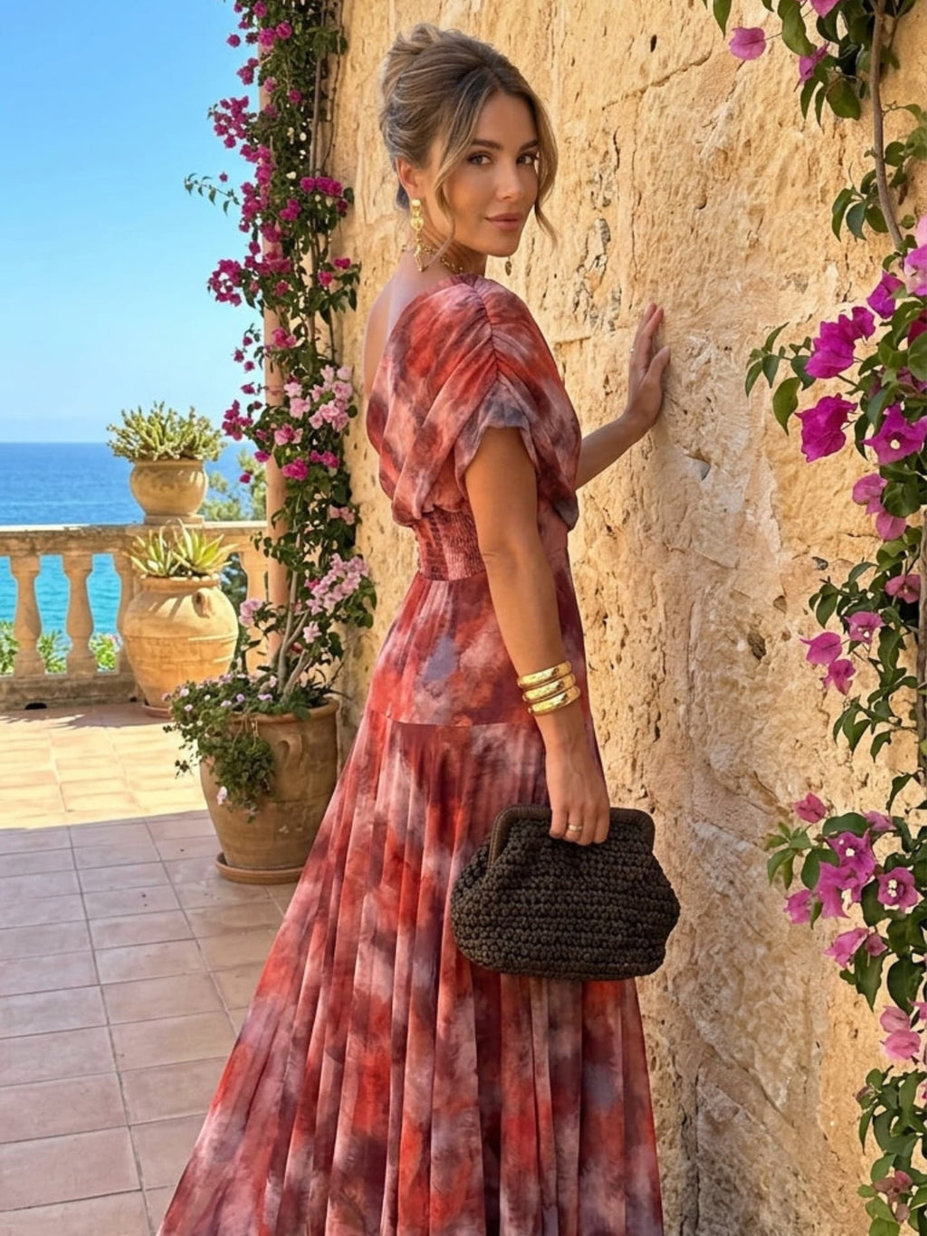 Valentina™ | Vestido largo de acuarela con hombros al aire