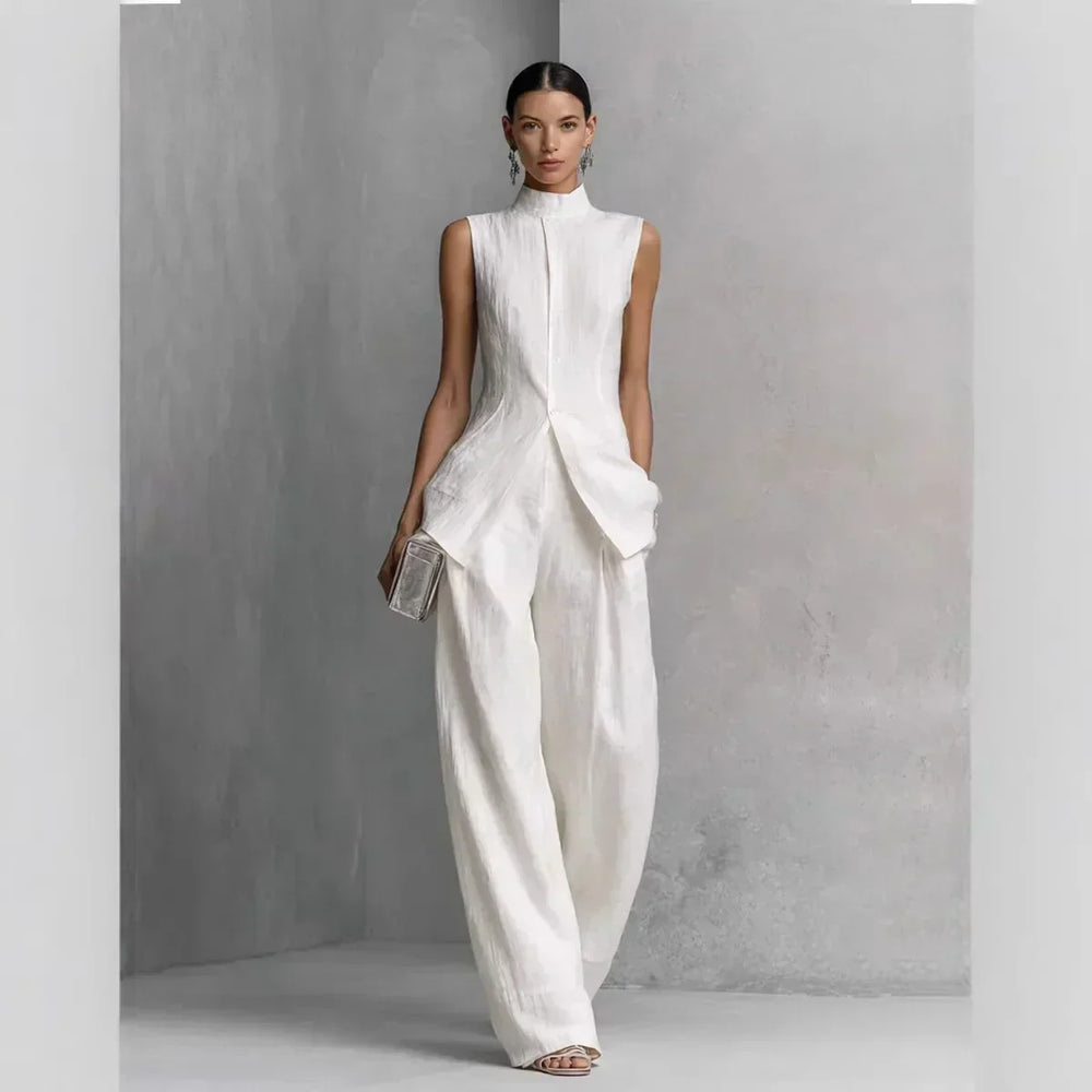Conjunto de dos piezas con top asimétrico de cuello alto y pantalón ancho
