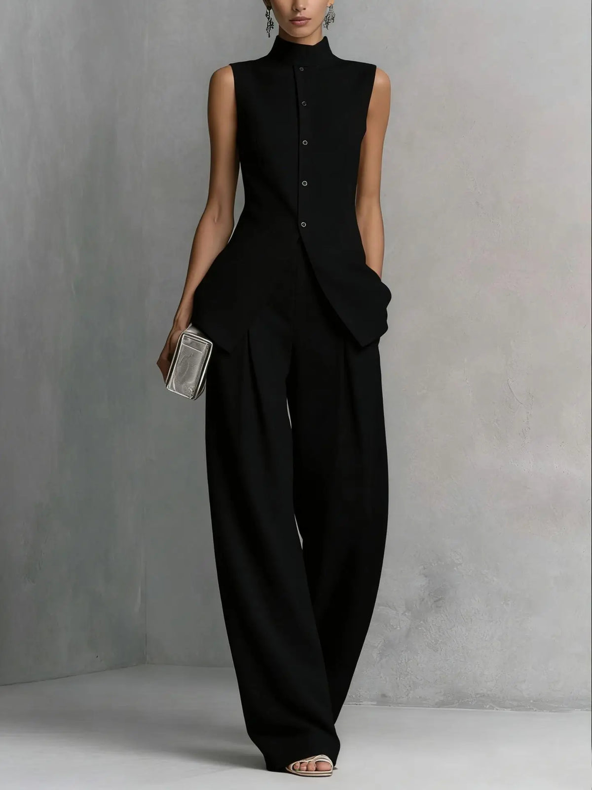 Conjunto de dos piezas con top asimétrico de cuello alto y pantalón ancho