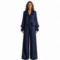 Conjunto romántico de dos piezas con blusa de volantes y pantalón fluido