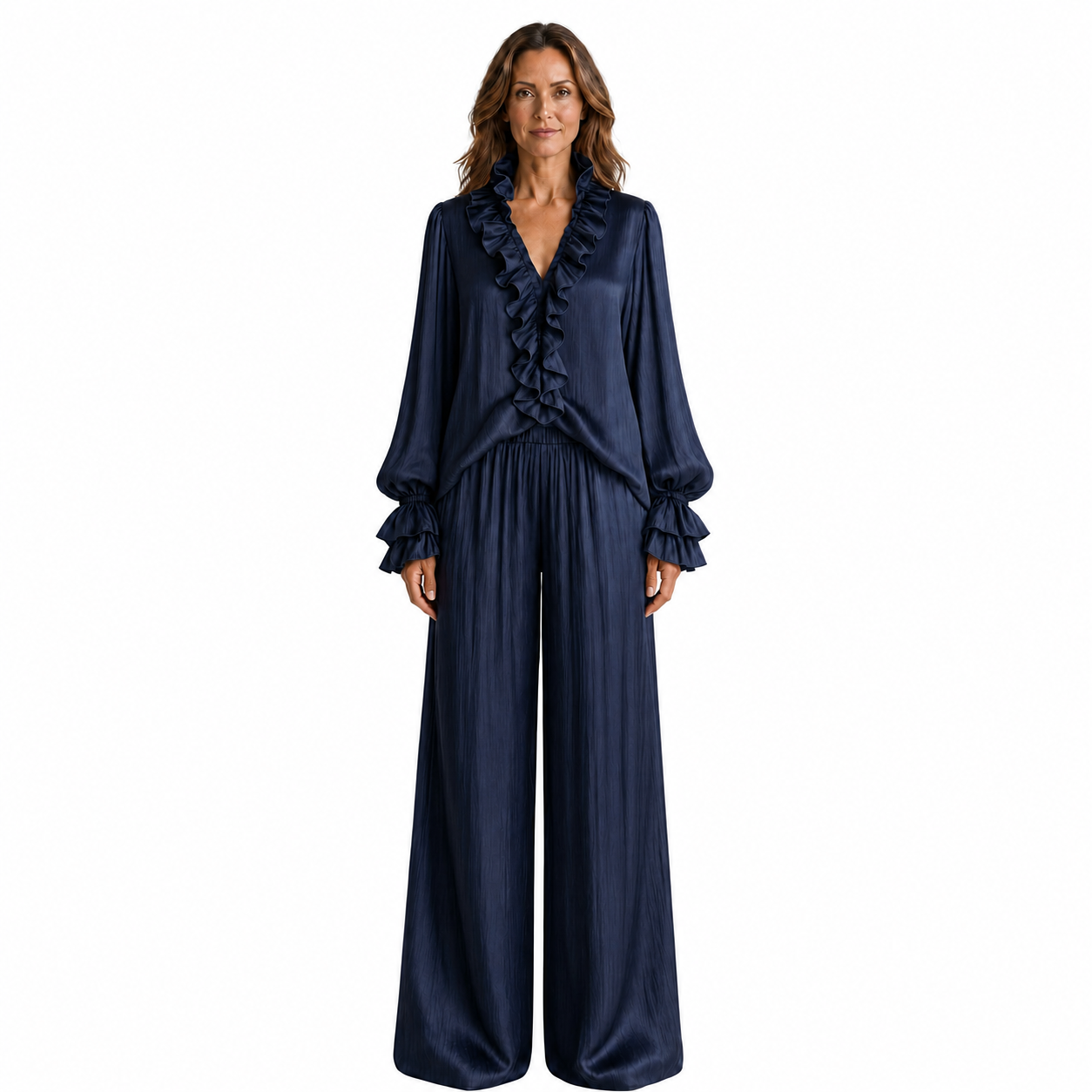 Conjunto romántico de dos piezas con blusa de volantes y pantalón fluido