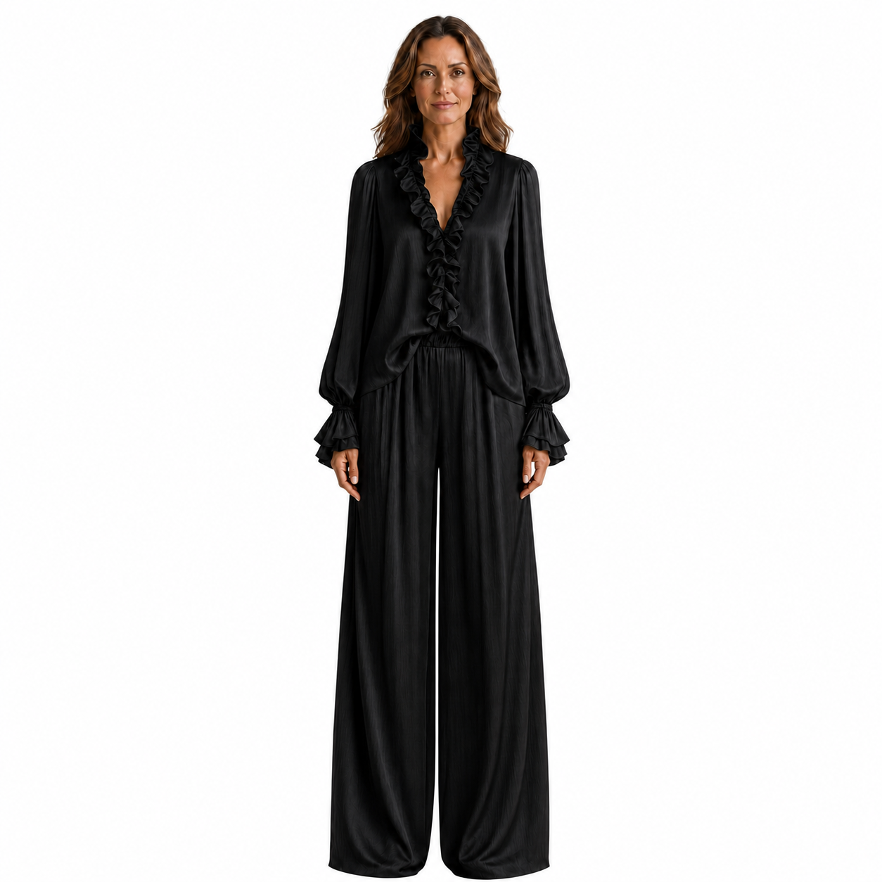 Conjunto romántico de dos piezas con blusa de volantes y pantalón fluido