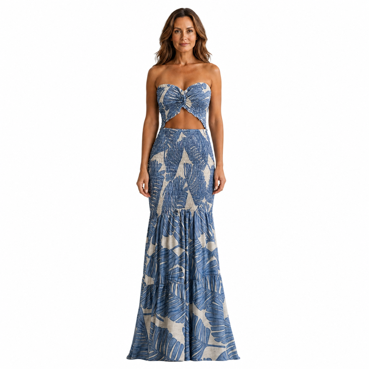 Conjunto sirena de dos piezas con top palabra de honor y falda estampada