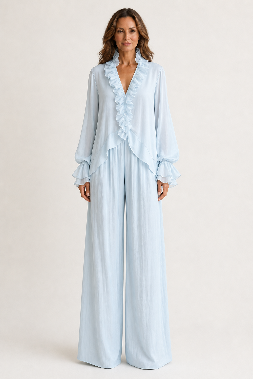 Conjunto romántico de dos piezas con blusa de volantes y pantalón fluido