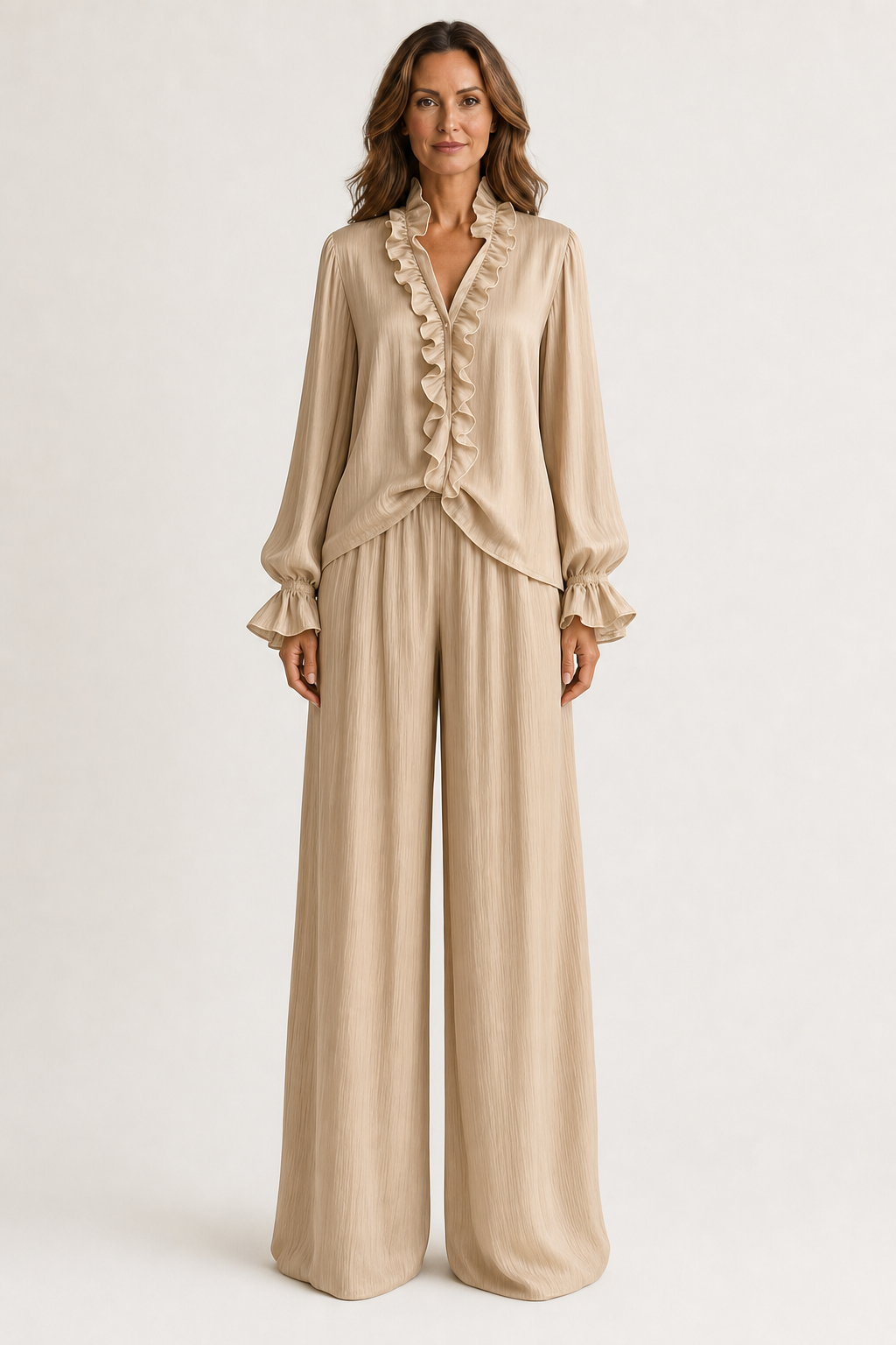 Conjunto romántico de dos piezas con blusa de volantes y pantalón fluido
