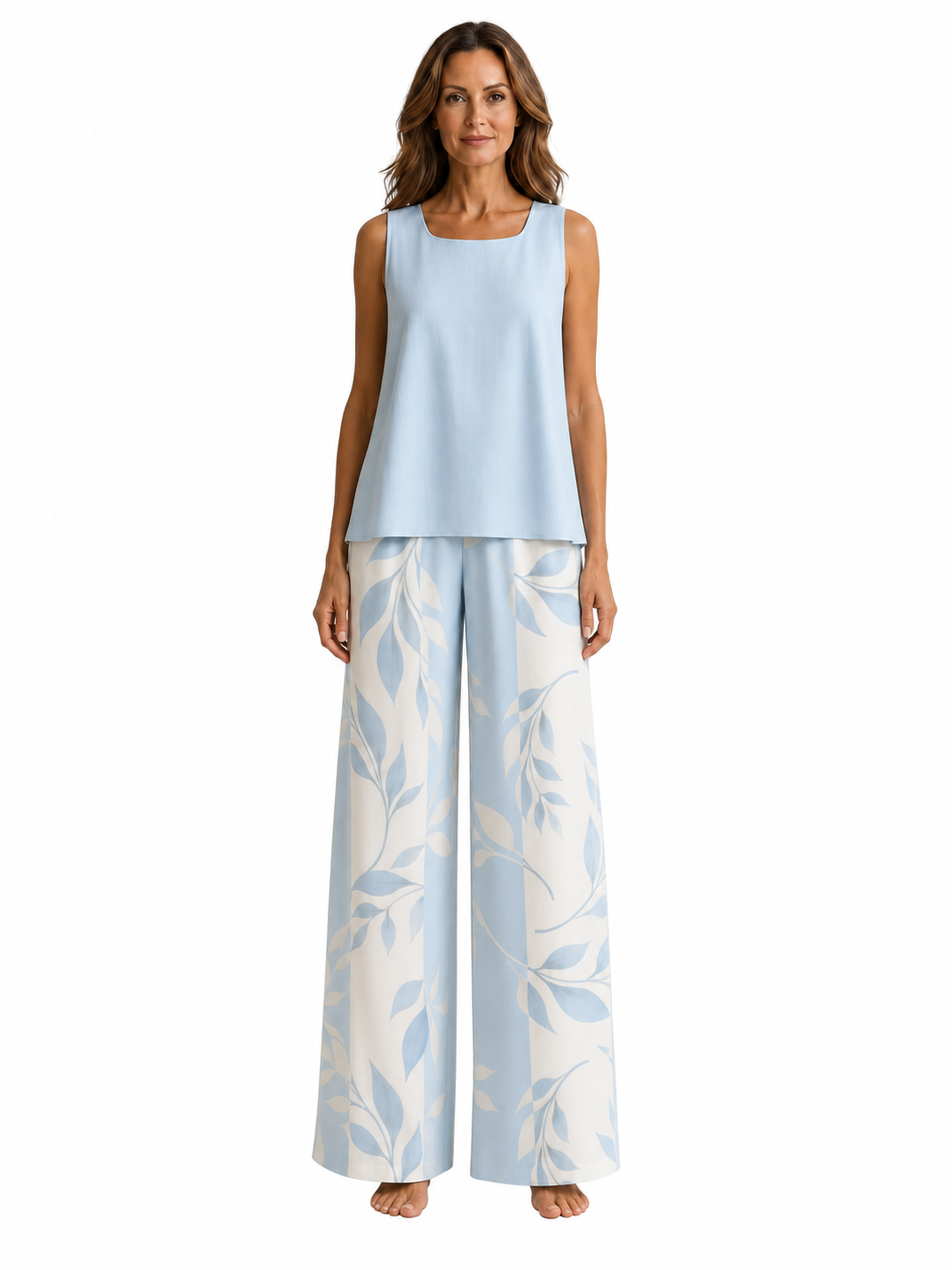 Conjunto de dos piezas con top sin mangas y pantalón de hojas