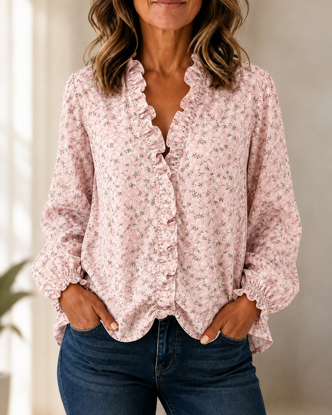 Blusa azul celeste con volantes y botones