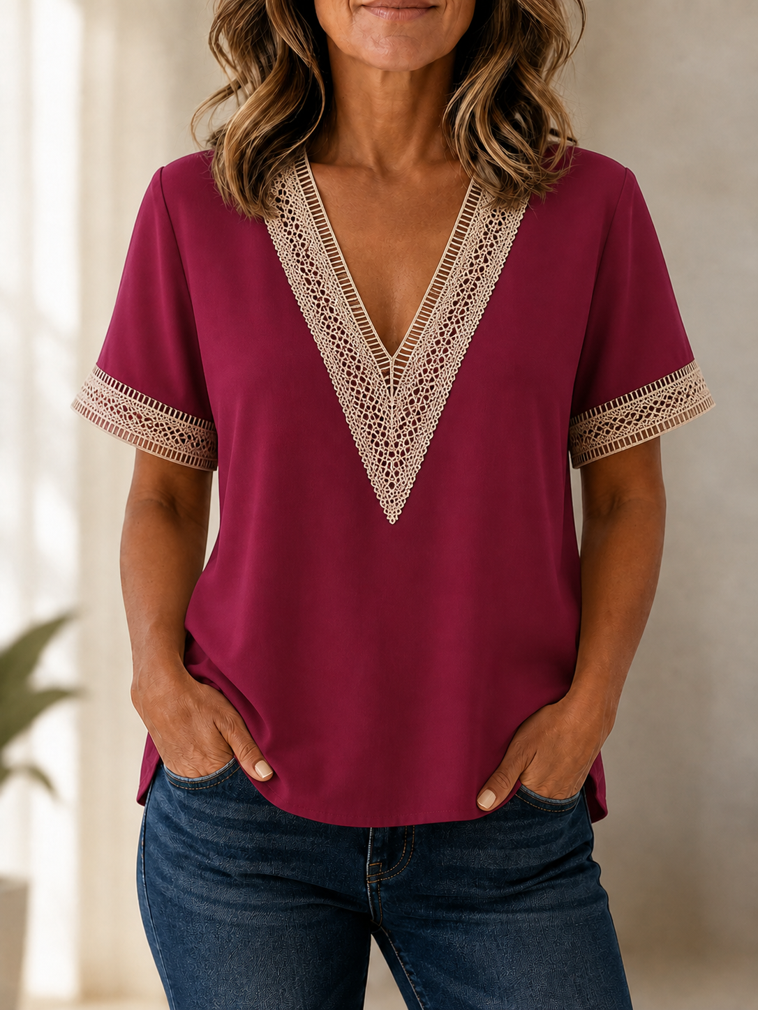 Blusa blanca con ribetes marrones y escote en V