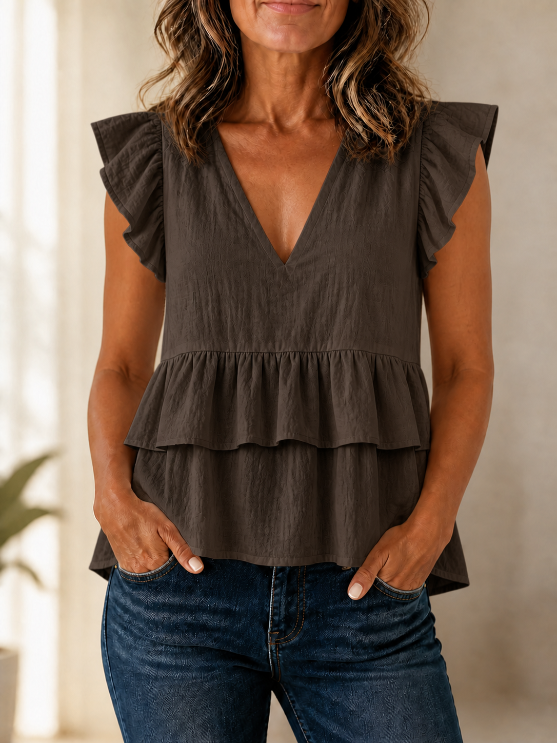 Blusa beige con volantes y escote en V