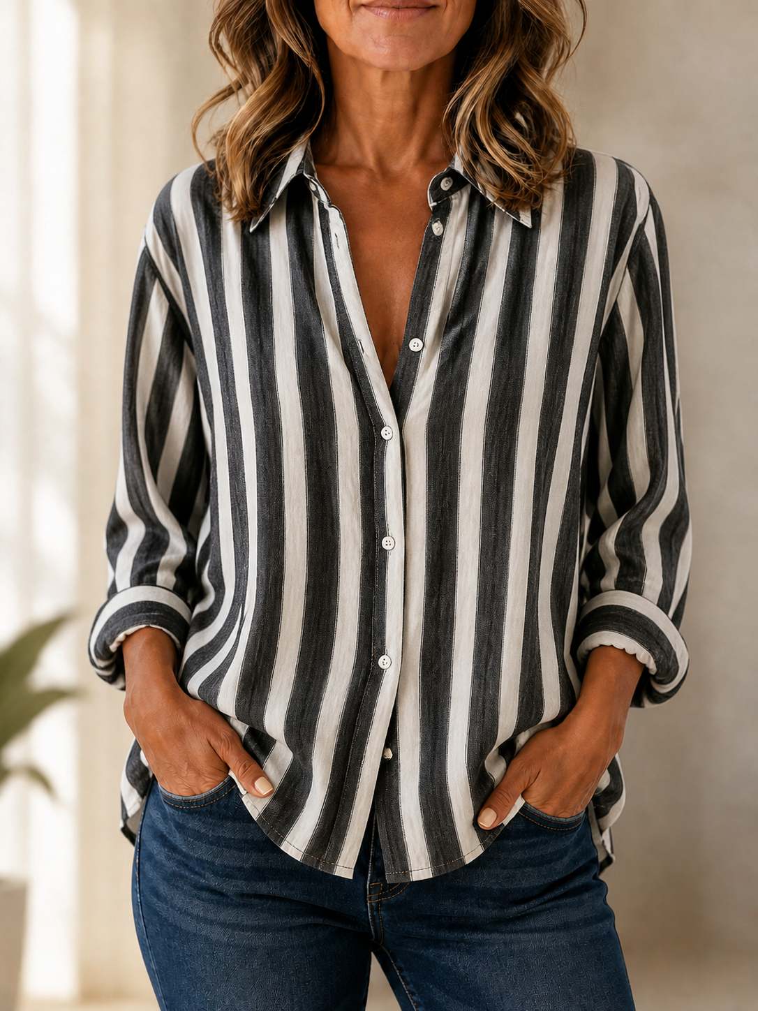 Blusa de rayas beige y blancas con escote en V