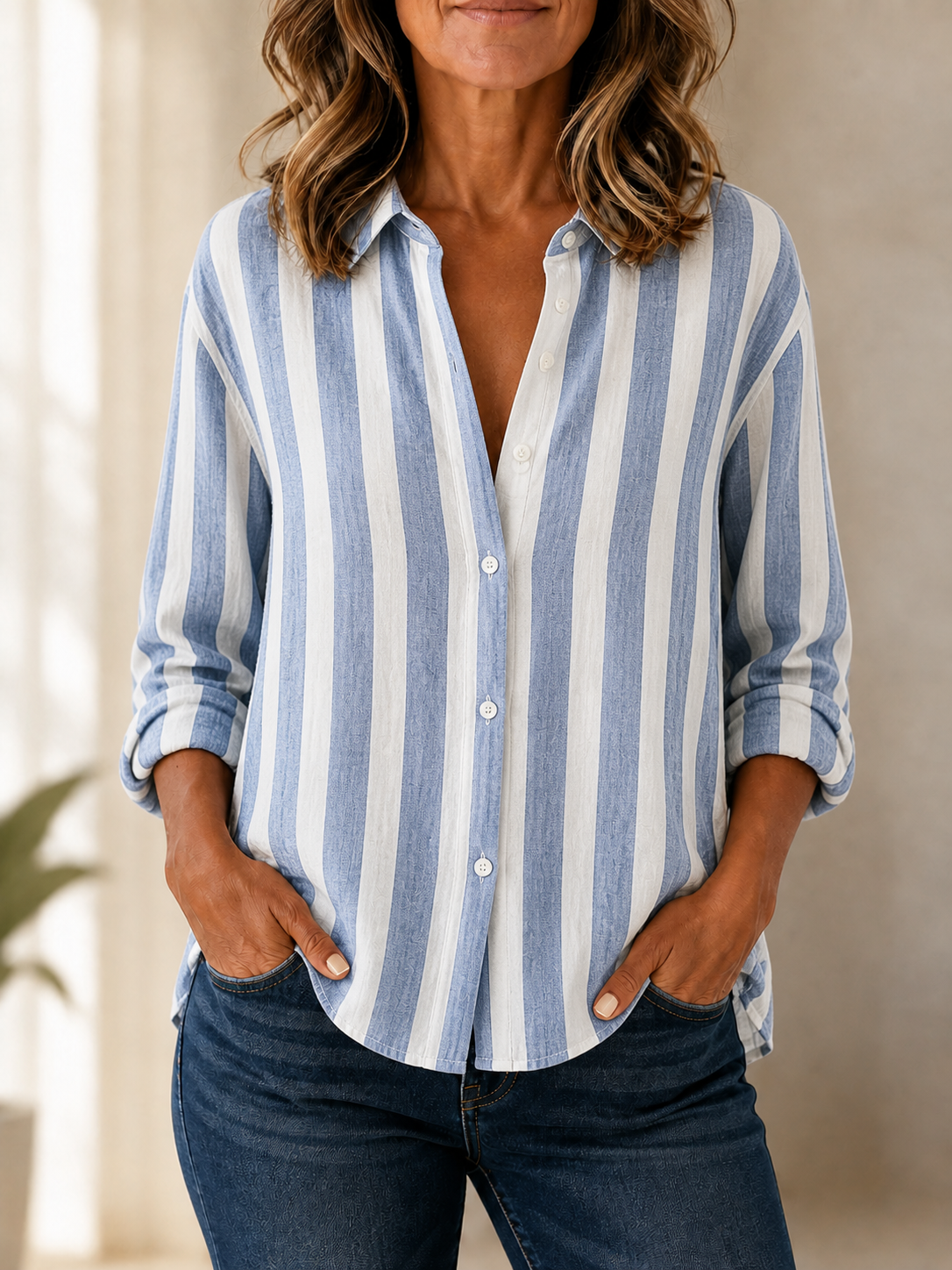 Camisa de rayas azules y blancas de manga larga