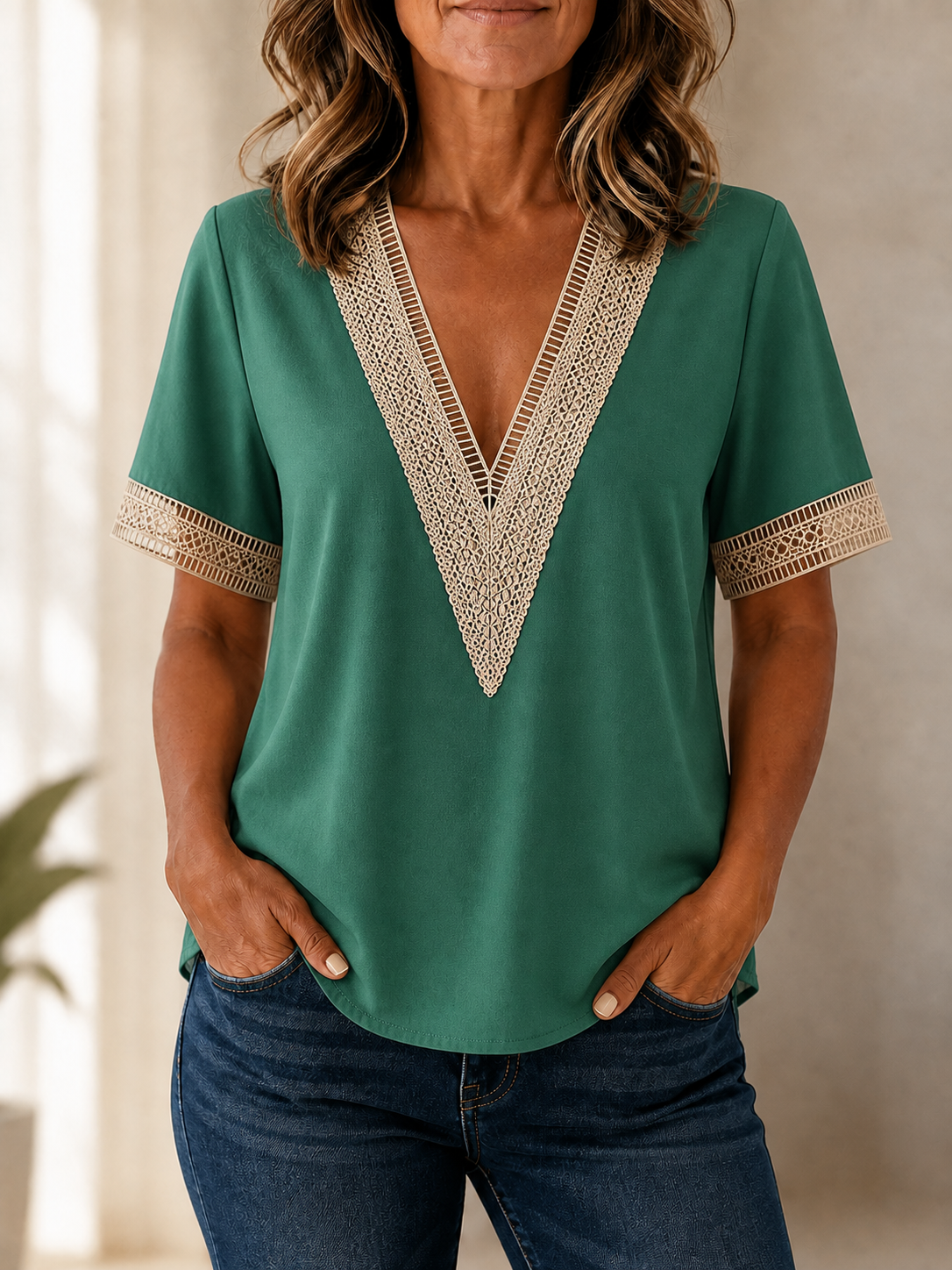 Blusa blanca con ribetes marrones y escote en V