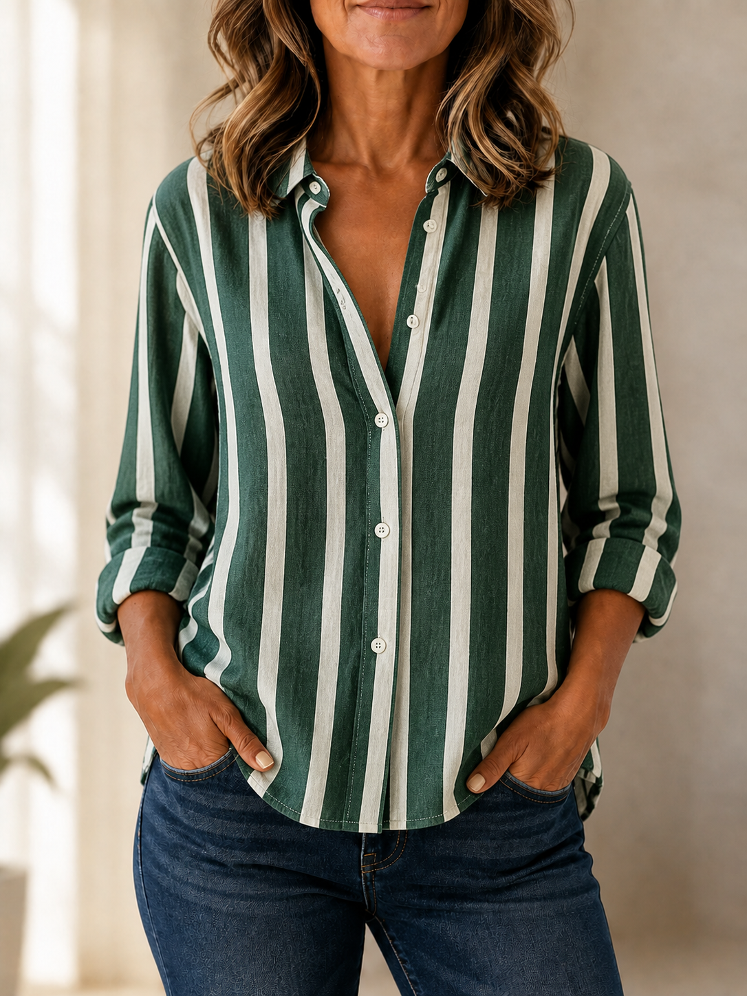 Blusa de rayas beige y blancas con escote en V