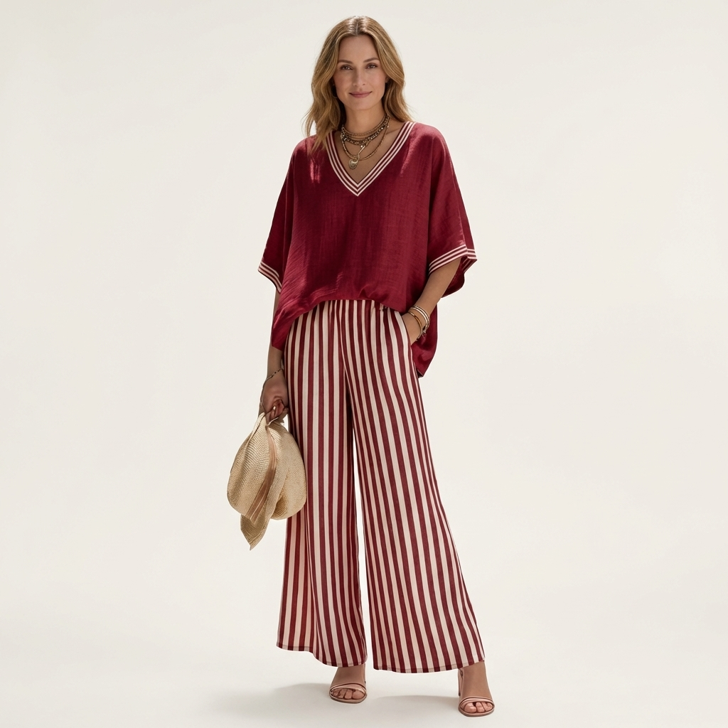 Conjunto Lidej de dos piezas con top de cuello en V y pantalón a rayas